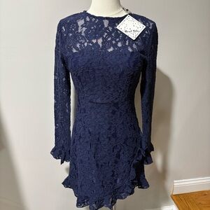 Angel Blue Lace Overlay Dress Long Sleeve Sz M Ruffle Hem NWT Navy Coquette